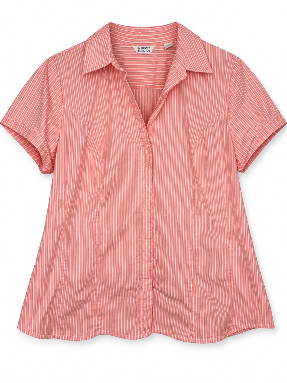 Riders Instantly Slims You 1X Pink White Stripe Short Sleeve Stretch Top